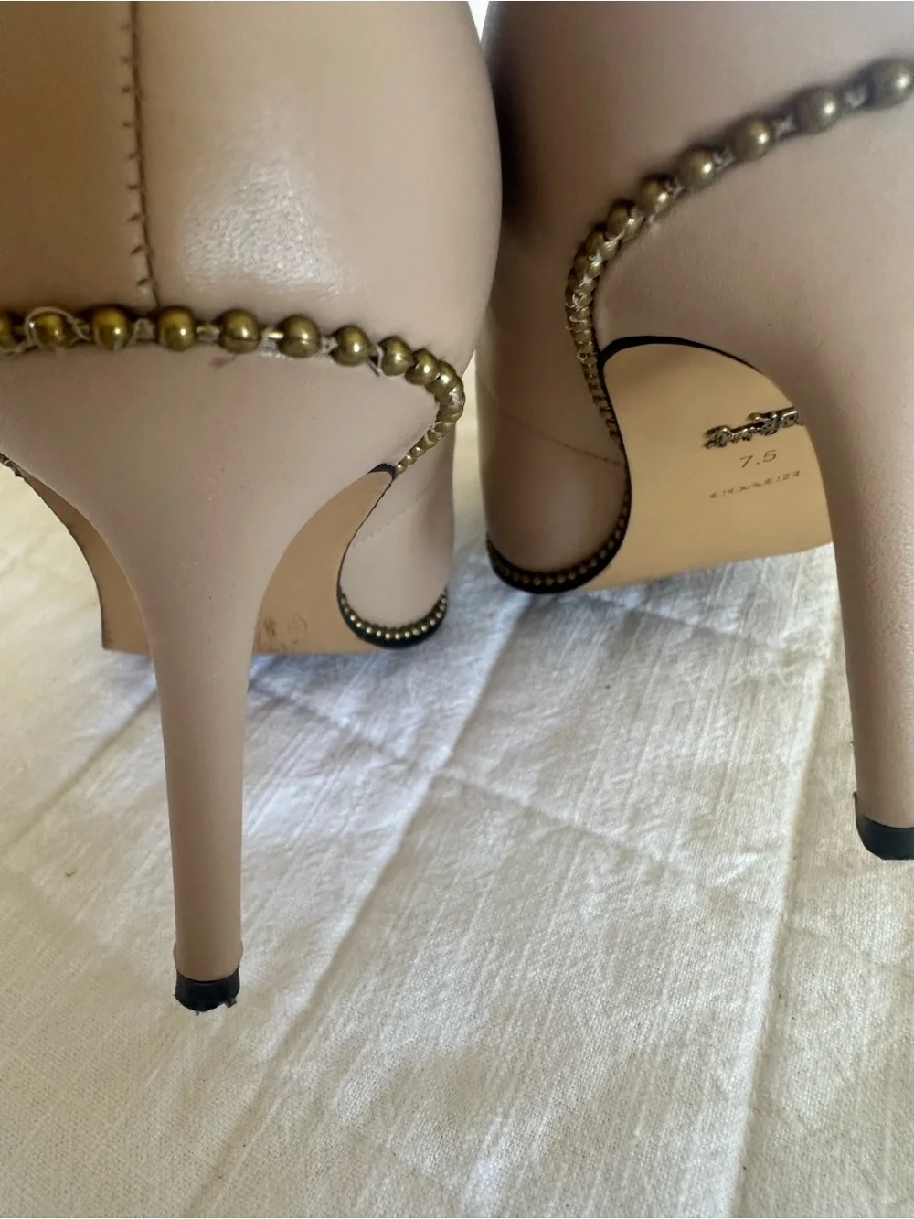 Coach Nude Leather Pointed-Toe Studded Pumps – Size 7.5